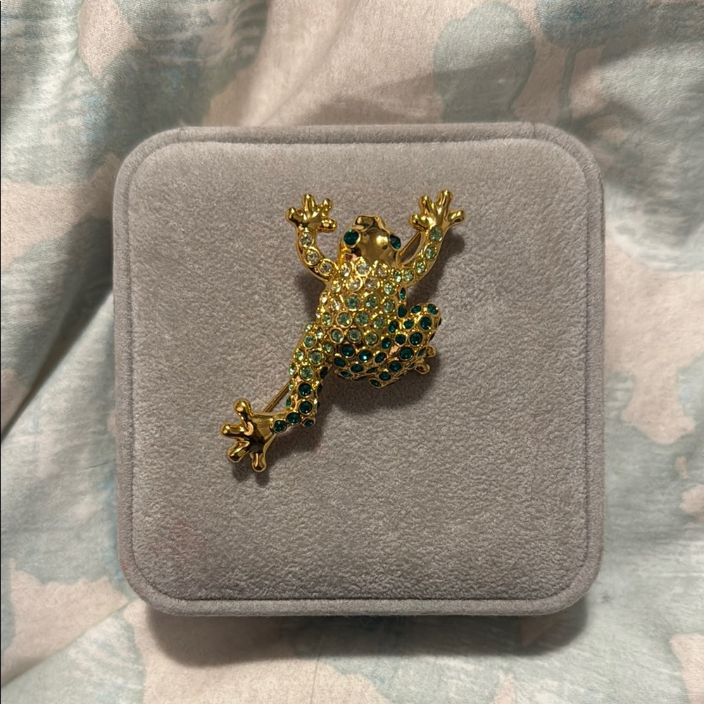 Monet Gold Frog Brooch with Green Accents